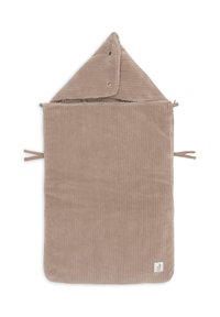 Serviette à capuche en velours côtelé beige doux avec un intérieur doublé. Elle dispose d'une capuche triangulaire et de liens de chaque côté pour un enroulement sécurisé.