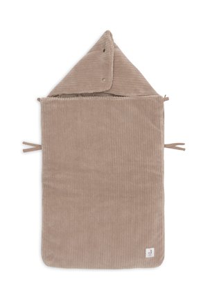 Serviette à capuche en velours côtelé beige doux avec un intérieur doublé. Elle dispose d'une capuche triangulaire et de liens de chaque côté pour un enroulement sécurisé.