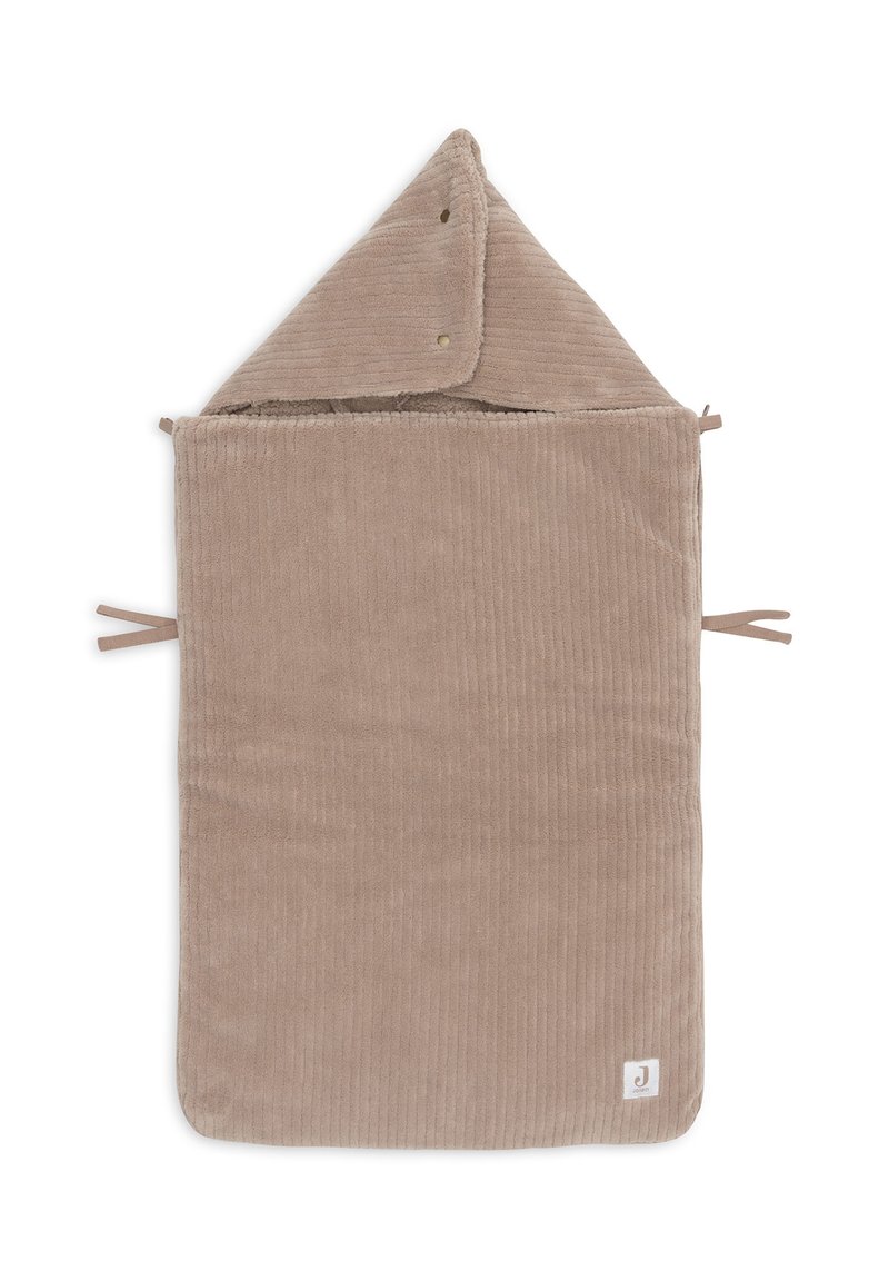 Serviette à capuche en velours côtelé beige doux avec un intérieur doublé. Elle dispose d'une capuche triangulaire et de liens de chaque côté pour un enroulement sécurisé.