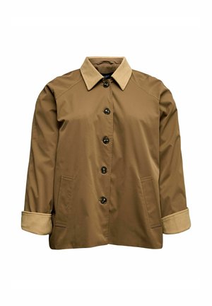 Ruda užsegama striukė su kordurojo apykakle ir rankogaliais, turi du priekinius kišenes ir ilgomis rankovėmis.