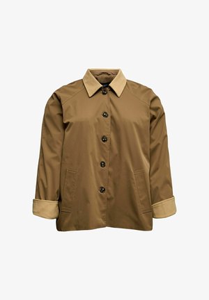 Veste marron boutonnée avec col et poignets en velours côtelé, dotée de deux poches avant et de manches longues.