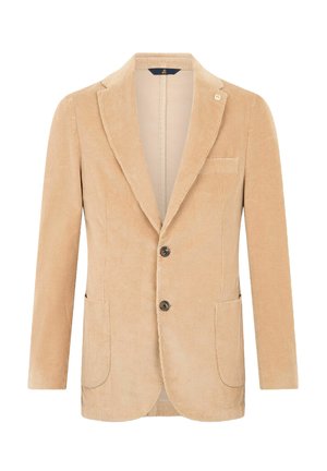 Beige ribfluwelen blazer met een notch lapel, een enkel-knoopsluiting en twee voorzakken. Voorzien van verticale ribbeltextuur en een borstzak.