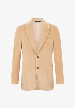 Beige ribfluwelen blazer met een notch lapel, een enkel-knoopsluiting en twee voorzakken. Voorzien van verticale ribbeltextuur en een borstzak.
