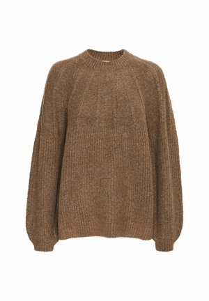 Brūns adīts džemperis ar noapaļotu kakla izgriezumu, nokritušām plecu šuvēm un ribām pie piedurknēm, ar teksturētu, nedaudz brīvu piegriezumu.