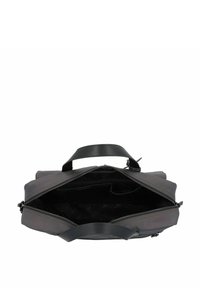 Malette noire et grise avec une fermeture éclair partiellement ouverte montrant un intérieur vide et deux poignées noires sur fond blanc.