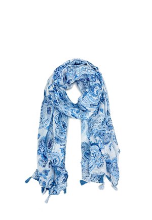 Sciarpa leggera di colore blu con motivo paisley, realizzata in tessuto morbido. Presenta delle frange alle estremità, ideale per un abbigliamento casual.