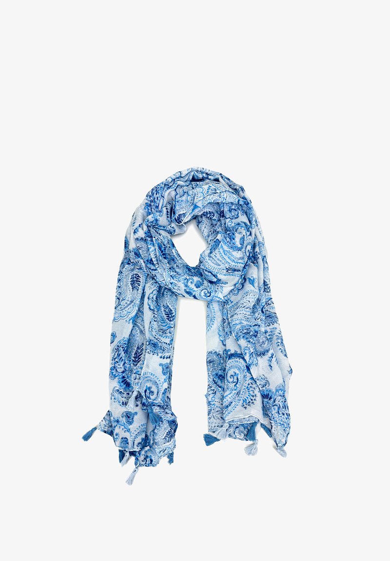 Sciarpa leggera di colore blu con motivo paisley, realizzata in tessuto morbido. Presenta delle frange alle estremità, ideale per un abbigliamento casual.