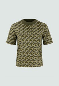 Kurzärmliges grünes T-Shirt mit geometrischen Mustern in Dunkelgrün und Gelb, einem gerippten Rundhalsausschnitt und einer lässigen Passform.