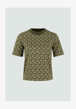Short-sleeve green patterned t-shirt featuring geometric designs in dark green and yellow, with a ribbed neckline and a relaxed fit.