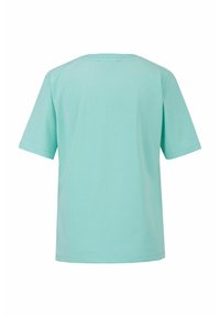 Turkooise katoenen T-shirt met korte mouwen, ronde hals en een losse pasvorm; gladde textuur, geen grafische of patronen op de achterkant.