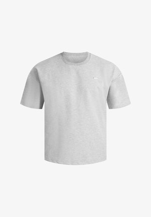 Graues Baumwoll-T-Shirt mit kurzen Ärmeln, rundem Halsausschnitt und einem kleinen Logo-Akzent auf der Brust. Weiche Textur und normale Passform.