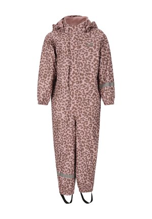Kinder wasserdichter rosa Einteiler mit braunem Leopardenmuster, Kapuze, elastischen Bündchen, reflektierenden Streifen und schwarzen Fußriemen.