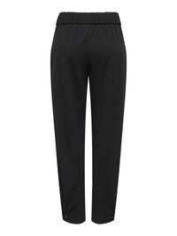 Pantalon noir taille élastique à jambes droites avec des détails de boutons à l'ourlet, vu de dos sur fond blanc.