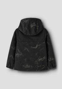 Schwarze Jacke mit Kapuze, versehen mit einem strukturierten Muster in Dunkelgrau. Elastische Bündchen und eine glatte Oberfläche. Einfaches, funktionales Design.