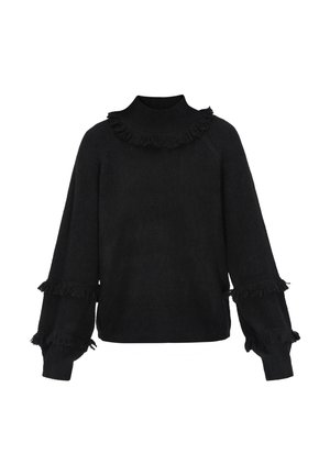 Črna pulover s visokim ovratnikom in nabranimi detajli na ovratniku ter dolgih rokavih. Pletena tekstura z sproščenim krojem.