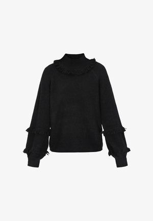 Črna pulover s visokim ovratnikom in nabranimi detajli na ovratniku ter dolgih rokavih. Pletena tekstura z sproščenim krojem.