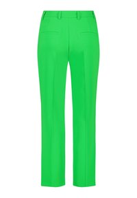 Zielone spodnie straight-leg wykonane z gładkiego materiału, z dwoma przednimi kieszeniami i zamkiem błyskawicznym z zapięciem na guzik. Czyste linie i minimalistyczne akcenty.