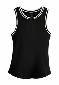 Top negro de canalé sin mangas con escote redondo. Presenta rayas dobles blancas a lo largo del cuello y las sisas. Diseño de dobladillo curvado.