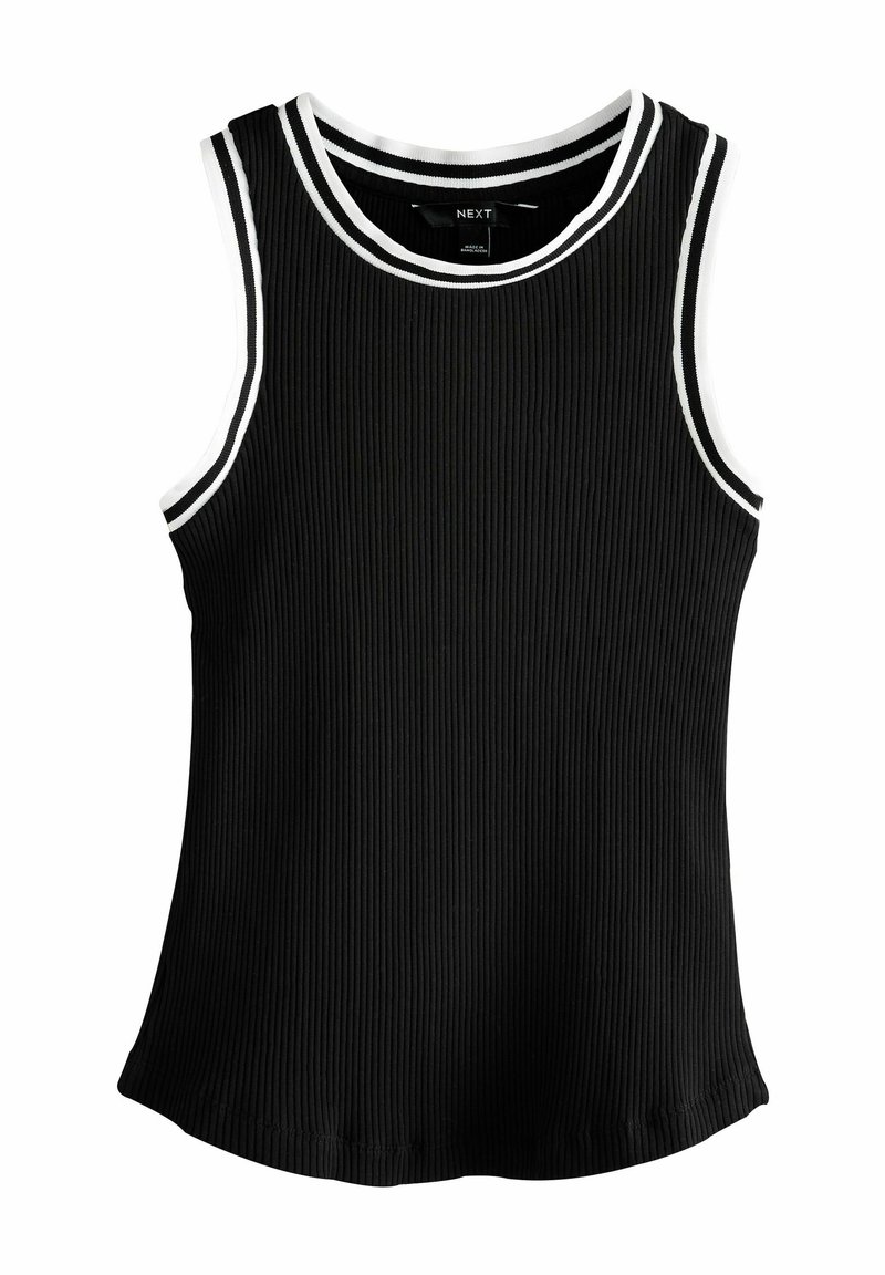 Haut noir côtelé sans manches avec un col rond. Dispose de doubles rayures blanches le long du cou et des emmanchures. Design d'ourlet incurvé.