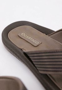 Sandalia flip-flop marrón con material texturizado, plantilla suave y una correa con acentos de rayas. Incluye un detalle del logo de CARTAGO.