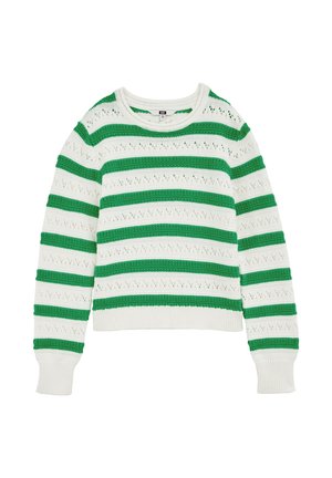 Hvid strikket sweater med grønne horisontale striber og små hulmønstre, med lange ærmer og ribstrikkede manchetter og kant.