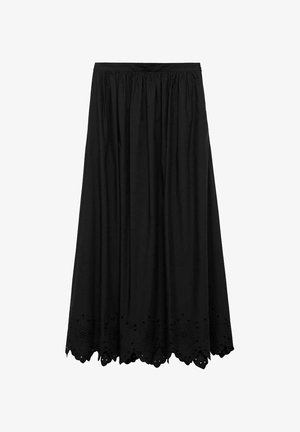 Schwarzer Maxirock aus Baumwolle mit gerafftem Bund, der einen ausgeschnittenen Blumenmuster am Saum für zusätzliche Details aufweist.