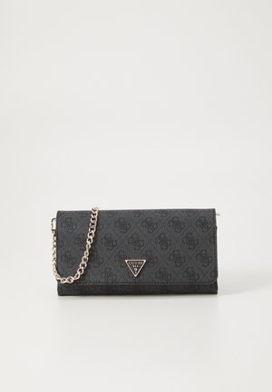 Black wallet made of textured material, featuring a chain strap, silver hardware, and a triangular logo on the front. Elegant pattern design.