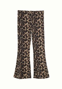 Legginsy z leopardskim nadrukiem o rozkloszowanej formie i żebrowanej teksturze. Kolory obejmują beżowy, czarny i brązowy, z gładką talią i rozkloszowanym dołem.