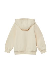 Sudadera con capucha beige, de manga larga, con puños y cintura acanalados, mostrada desde atrás sobre un fondo blanco.