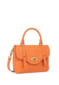 Borsa in pelle arancione con una forma strutturata, dotata di manico superiore, tracolla rimovibile e dettagli in metallo dorato sulla chiusura.
