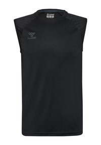 Maglietta atletica nera senza maniche realizzata in tessuto liscio, con pannelli testurizzati sulle spalle e un piccolo logo sul petto.