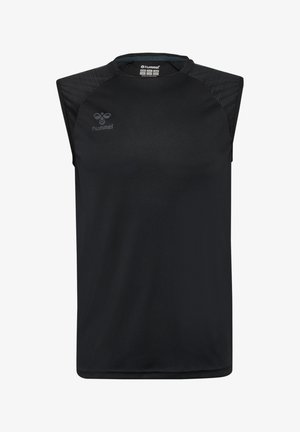Schwarzes ärmelloses Sportshirt aus glattem Material, mit strukturierten Einsätzen an den Schultern und einem kleinen Logo auf der Brust.