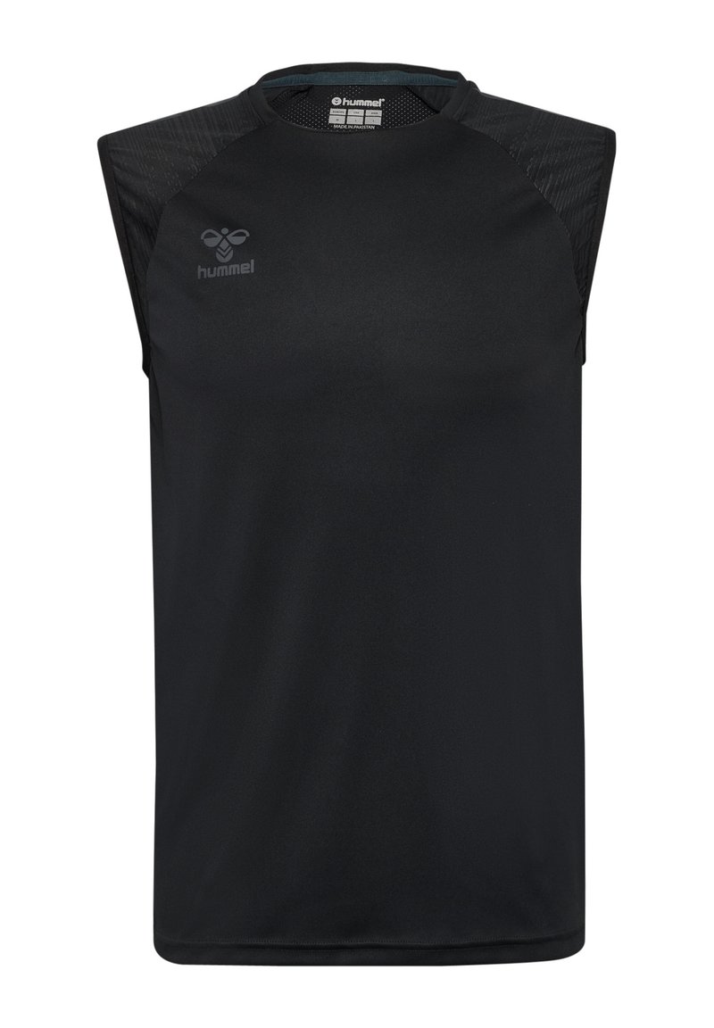 Maglietta atletica nera senza maniche realizzata in tessuto liscio, con pannelli testurizzati sulle spalle e un piccolo logo sul petto.