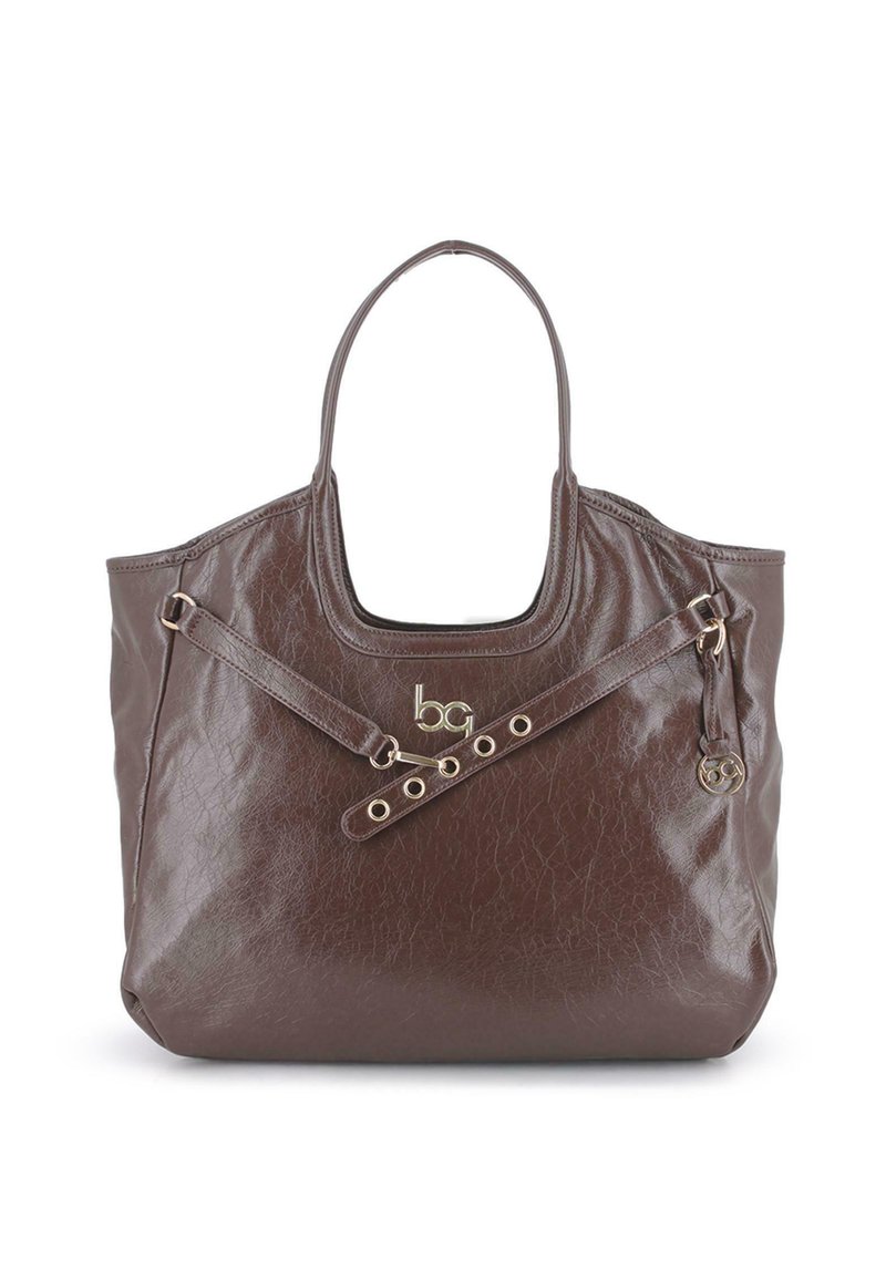 Bolso tote de cuero marrón oscuro con asas dobles, cinturón decorativo con ojales dorados y logo de la marca dorado en el frente.