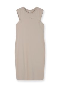 Abito beige senza maniche con una silhouette aderente, scollo rotondo e un delicato dettaglio del logo. Realizzato in un tessuto morbido e liscio con un design minimal.
