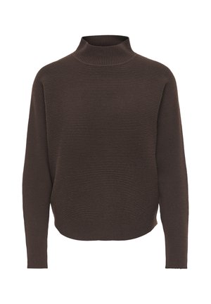 Pull en maille côtelée marron foncé avec col montant et manches longues, présenté sur fond blanc.