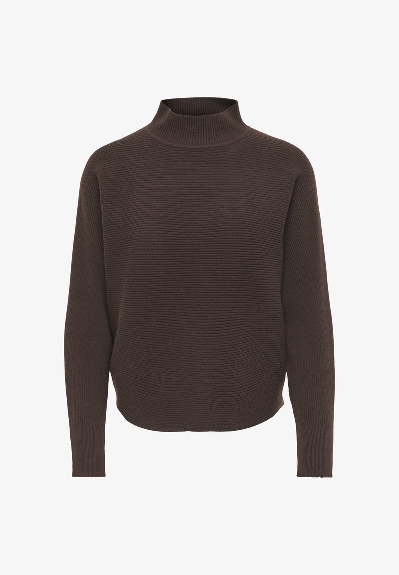 Pull en maille côtelée marron foncé avec col montant et manches longues, présenté sur fond blanc.