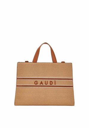 Borsa rettangolare in tela color sabbia con manici in pelle marrone, due accenti a strisce orizzontali e "GAUDI" ricamato in marrone sul davanti.