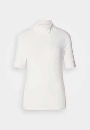 White short-sleeve turtleneck top, made of stretchy fabric, featuring a high collar with a zipper detail on the neckline.