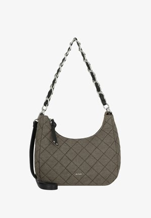 Šedá prošívaná kabelka s kulatým tvarem. Obsahuje stříbrný řetízkový úchyt a černý ramenní popruh. Textura látky je měkká.