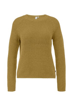 Pull en maille jaune moutarde à manches longues, col rond et texture côtelée, présenté sur un fond blanc.