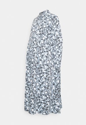 Vestido de maternidade em tecido azul claro com estampado floral preto, com fecho de botão à frente, mangas compridas e comprimento até ao joelho, apresentando uma cintura franzida.