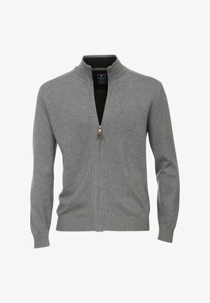 Grijze rits cardigan gemaakt van zachte stof, met een staande kraag, geribde boorden en een aansluitend ontwerp met een gladde textuur.