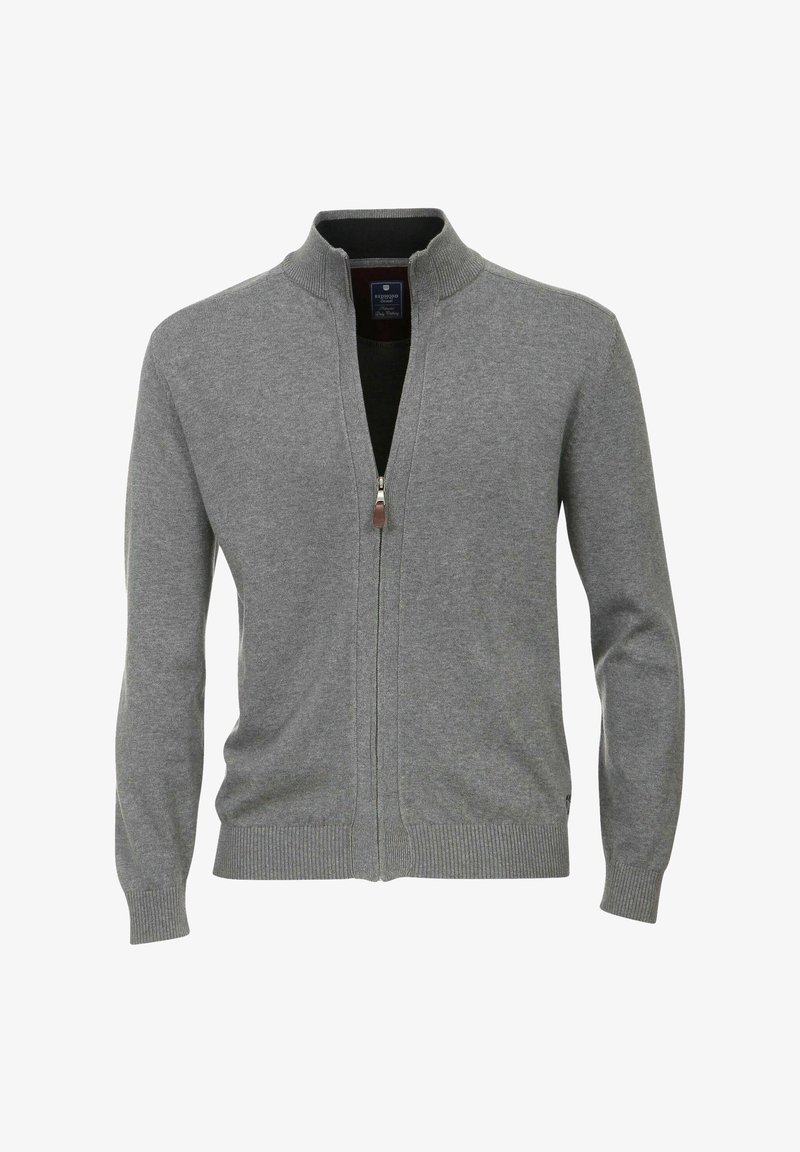 Grauer Reißverschluss-Kardigan aus weichem Material, mit Stehkragen, gerippten Bündchen und einer taillierten Passform mit glatter Oberfläche.