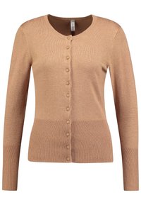 Hellbrauner, langärmeliger Cardigan mit rundem Halsausschnitt, Knopfverschluss und geripptem Saum sowie Bündchen. Weiche, gestrickte Textur.