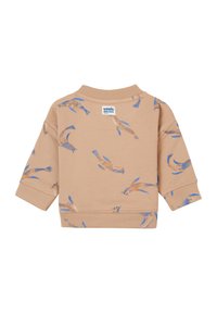 Sweatshirt marron avec un col rond, mettant en avant un motif ludique de créatures marines bleues et oranges. Tissu en coton doux avec des poignets côtelés.