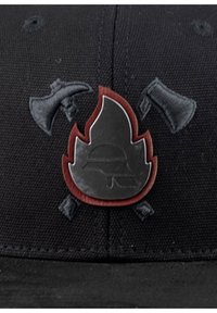 Black cap featuring a central embossed flame logo with a hat silhouette, surrounded by crossed axes. Textured fabric with dark stitching accents.