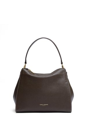 Donkerbruine leren handtas met een enkele schouderriem, gouden rits en klein gouden "Isabel Bernard Paris" logo aan de voorkant.