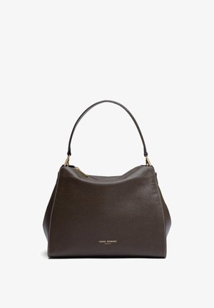 Donkerbruine leren handtas met een enkele schouderriem, gouden rits en klein gouden "Isabel Bernard Paris" logo aan de voorkant.