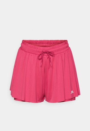 Pink athletic shorts with an elastic waistband and drawstring. Features a loose fit with pleats and a small white logo on the bottom.